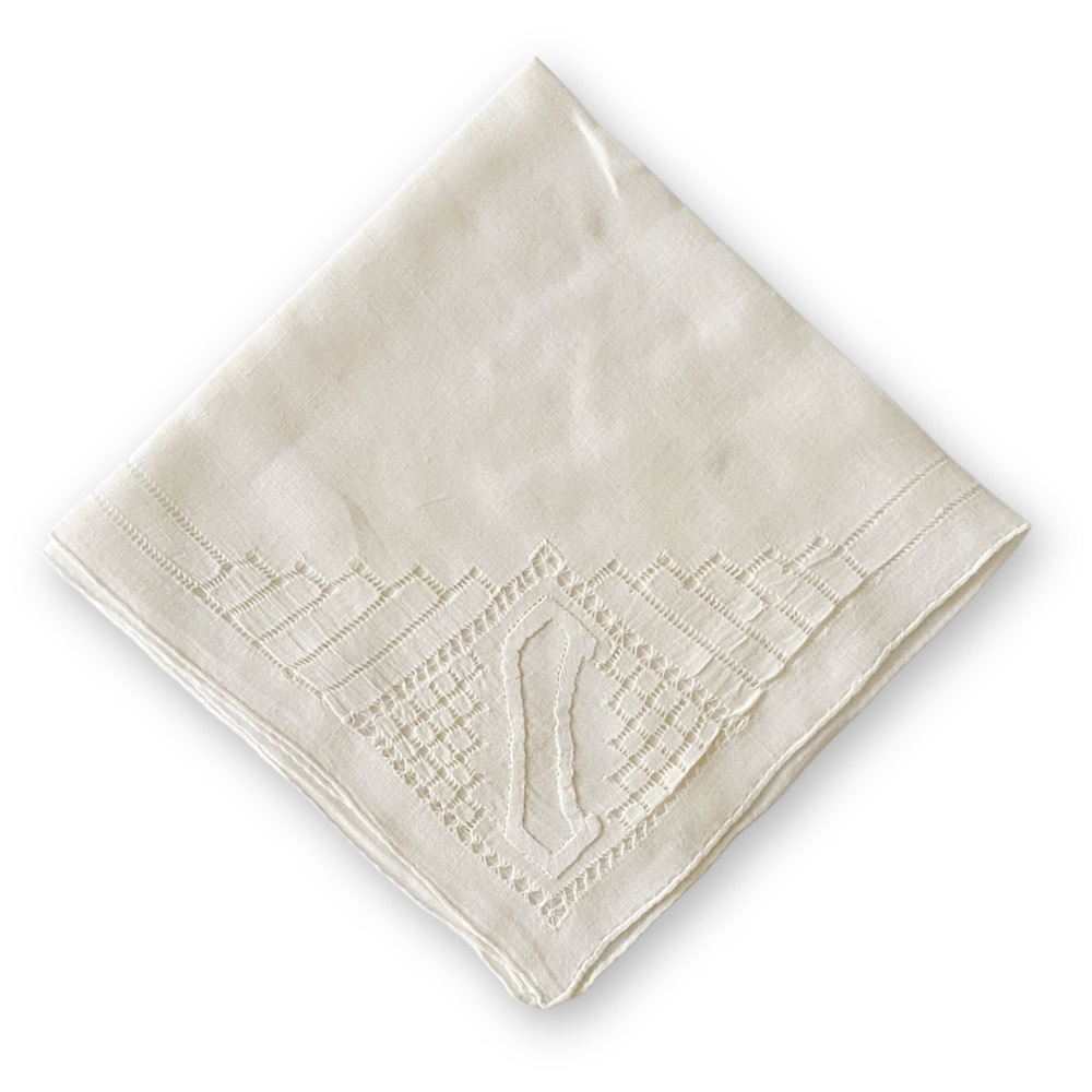 Antique Midcentury Off White Linen J Monogram Embroidered Handkerchief